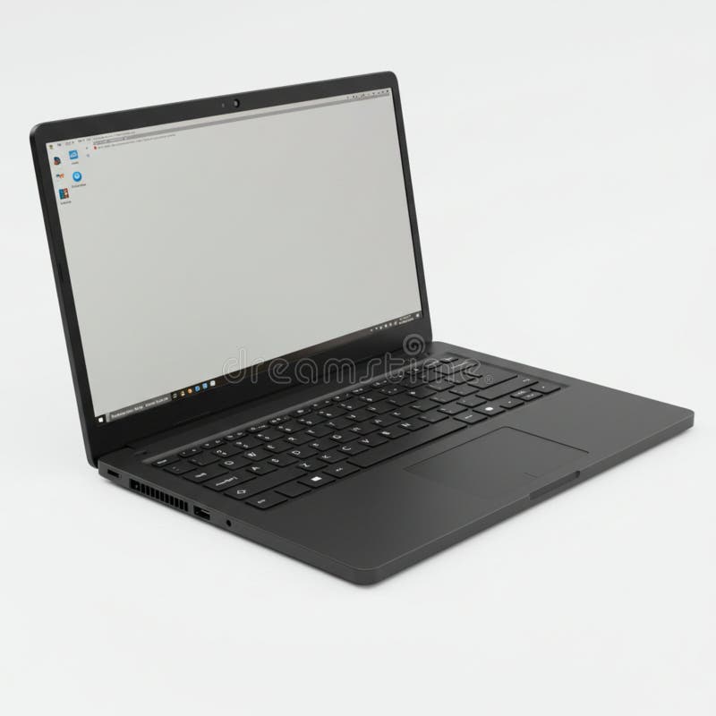 A black laptop with a minimalist design is shown at an angle. It features a wide, flat stock illustration