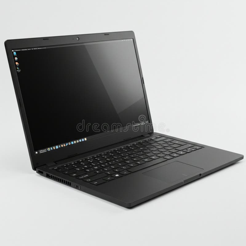 A black laptop is open to a three-quarter angle, showcasing its screen and keyboard. The screen is blank, reflecting light, while the keyboard features a standard QWERTY layout with black keys. The touchpad is centrally located below the keyboard. The laptop has a slim design with vents visible on the side. The image suggests a modern, functional device suitable for general computing tasks. The background is a plain white, emphasizing the laptop's minimalist design. Laptop side angle illustrations