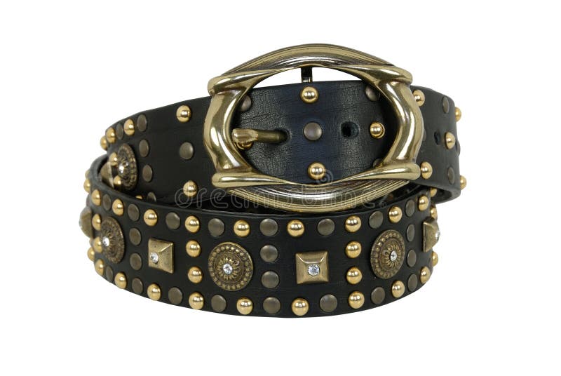 Black Leather Belt with Different Rivets on White Background Stock