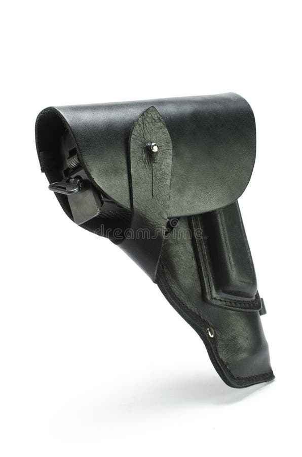 Black leather belt holster isolated on white stock images