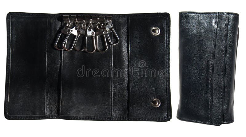 Isolated black leather case for keys on white background