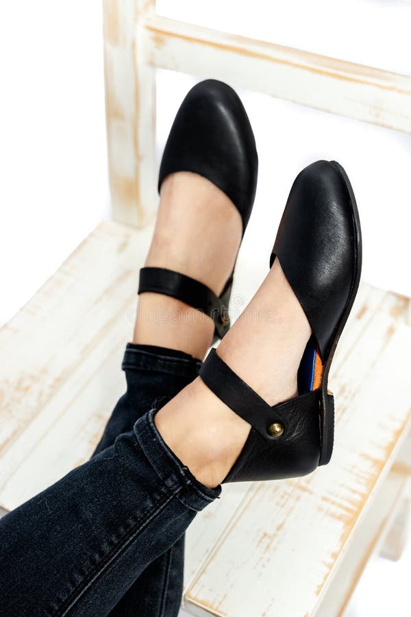 Black Leather Ladies Fashion Shoes Isolated Closeup Stock Photo - Image ...