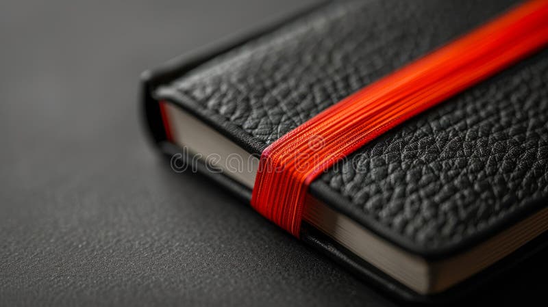 Black leather notebook with a red elastic band on a dark background. royalty free stock image