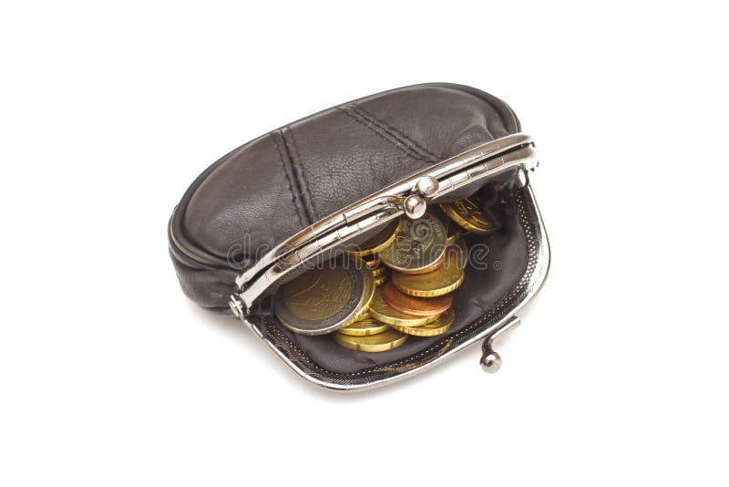 Black leather purse and several euro coins on white background