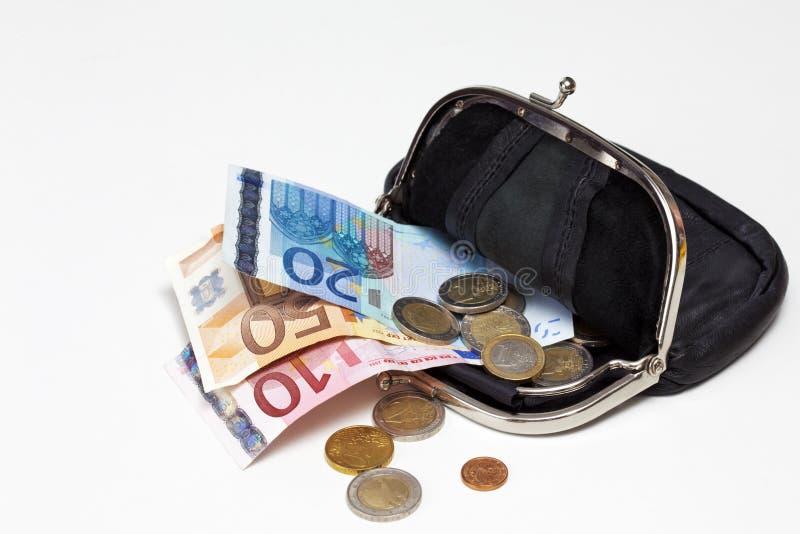 Black leather purse with euro notes and coins on white background