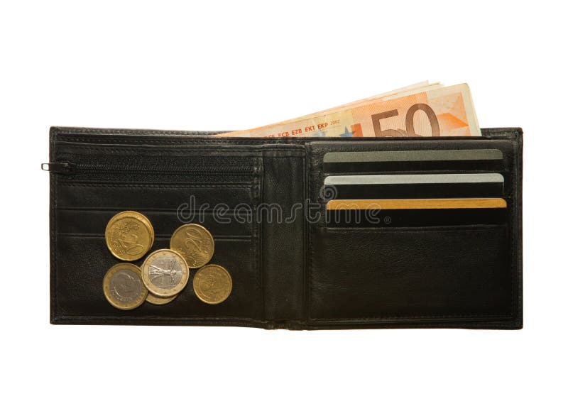 Black Leather Wallet with Euro Notes and Coins Stock Photo Image of coins, overflowing 38733814