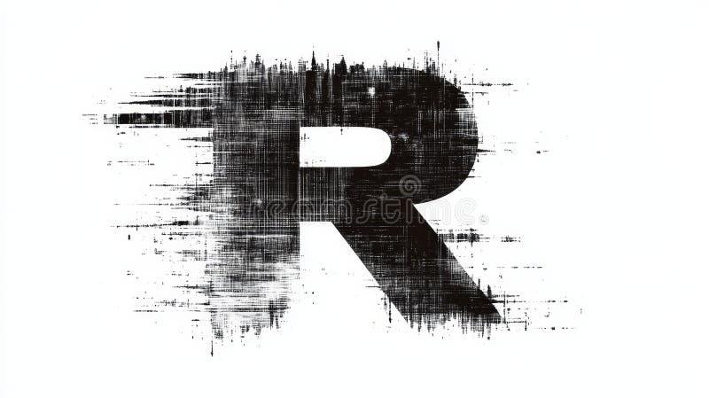 Black letter R in a thin, glitchy hacker font contrasts sharply against a white background, creating a bold visual statement. Coding text hacker concept stock images, royalty-free photos and pictures