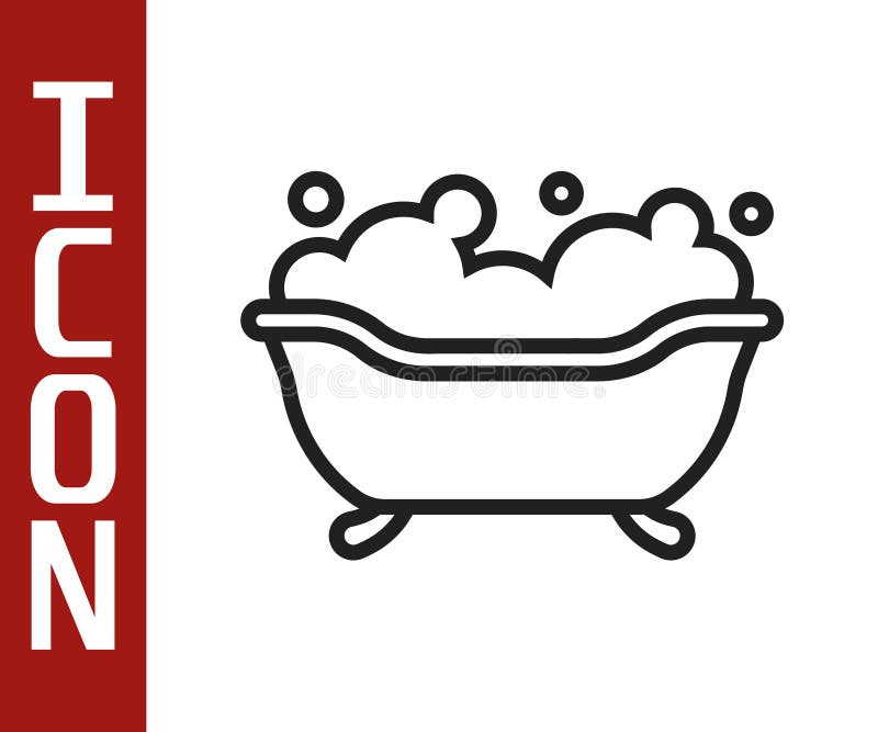 Black Line Bathtub with Foam Bubbles Inside Icon Isolated on White