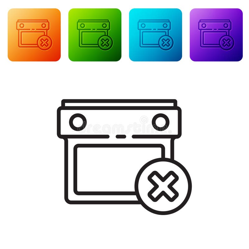 Black line Calendar date delete icon isolated on white background. Event reminder symbol. Set icons in color square buttons. Vector.