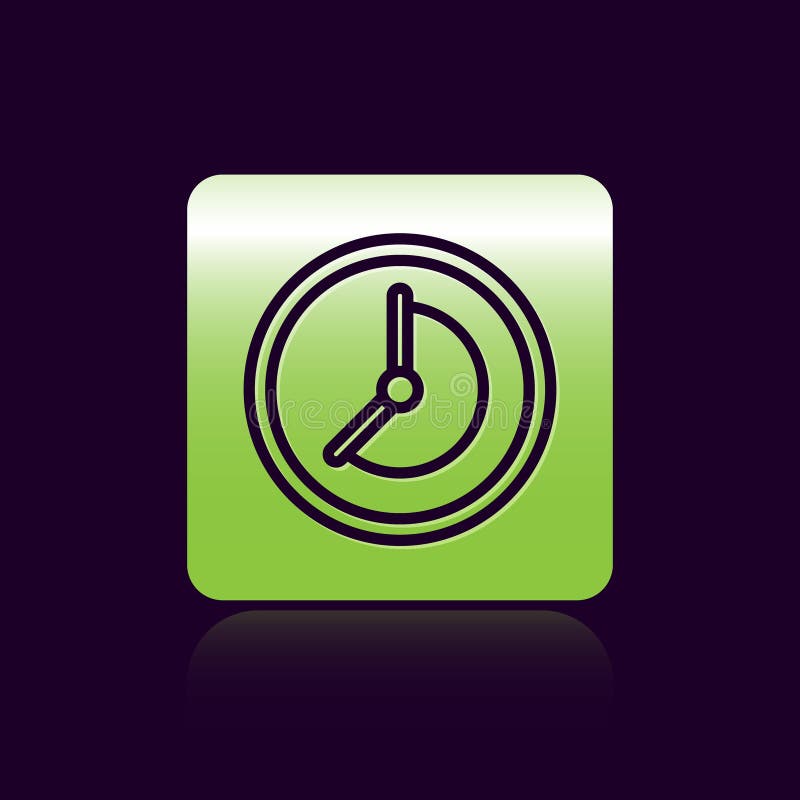 Black line Clock icon isolated on black background. Time symbol. Green square button. Vector royalty free illustration