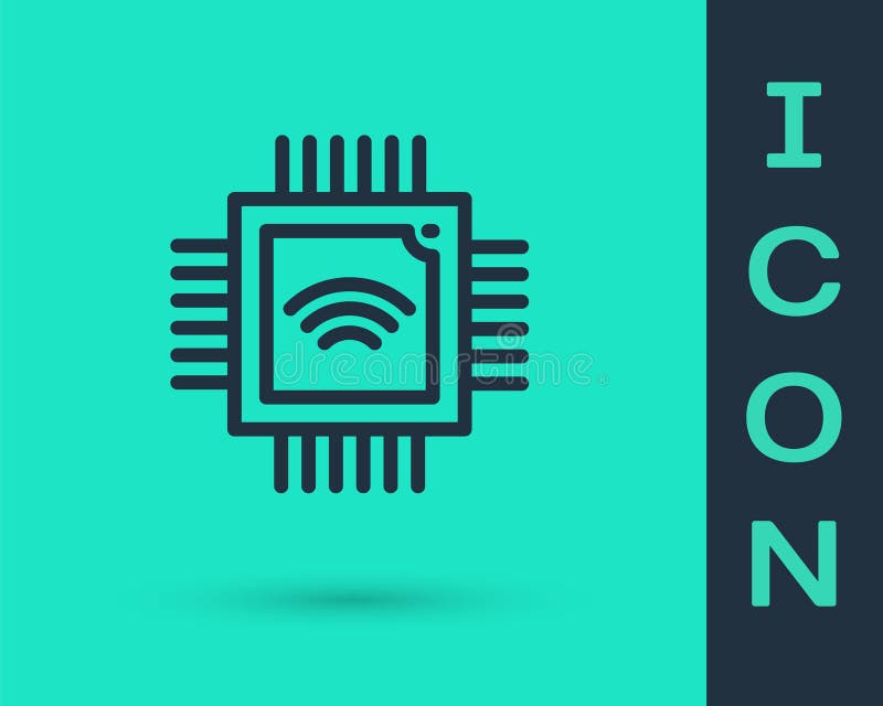 Black line Computer processor with microcircuits CPU icon isolated on green background. Chip or cpu with circuit board stock illustration