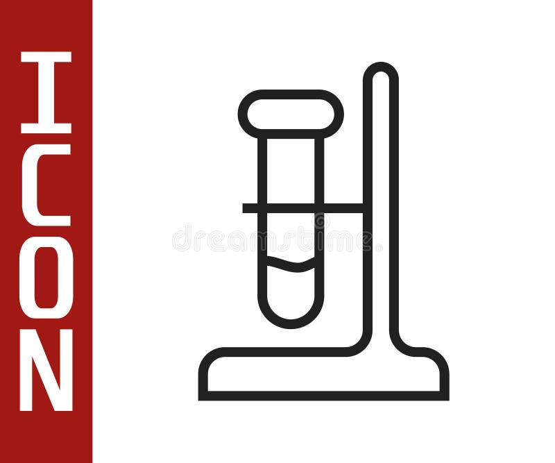 Black line Glass test tube flask on stand icon isolated on white background. Laboratory equipment. Vector