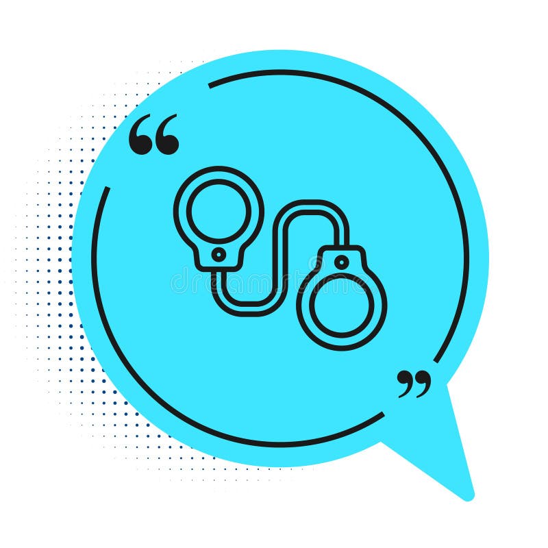 Black line Handcuffs icon isolated on white background. Blue speech bubble symbol. Vector royalty free illustration