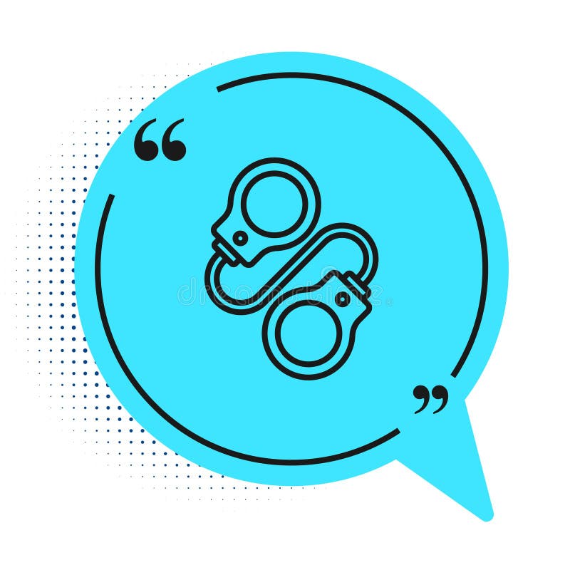 Black line Handcuffs icon isolated on white background. Blue speech bubble symbol. Vector vector illustration