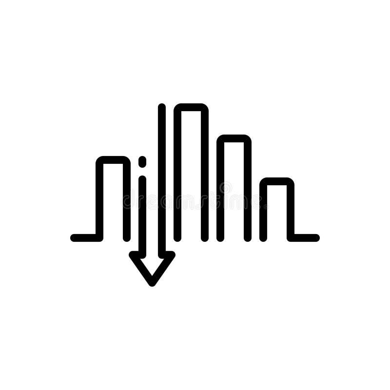 Black line icon for Down, below, downward, reduce, graph, financial and decrease. Decrease arrow icon vectors