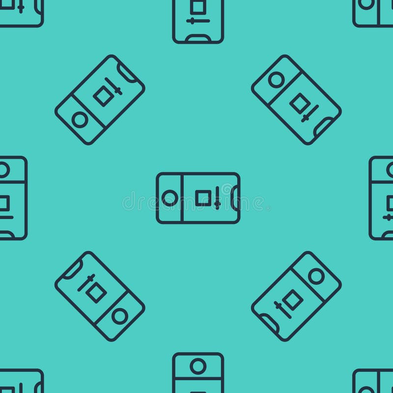 Black line Mobile phone with record frame camera icon isolated seamless pattern on green background. Mobile app stock illustration
