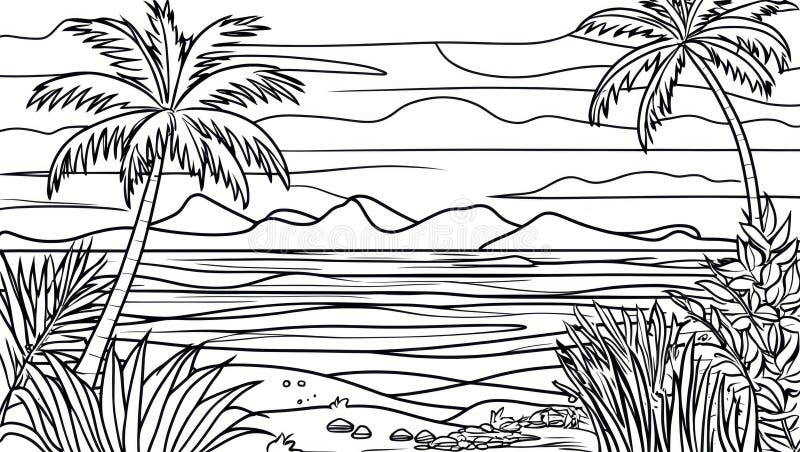 Black Line Palms Beach. Kustscenen med enkel linjeutformning med havsbaserad vy och tropiska växter royaltyfri bild