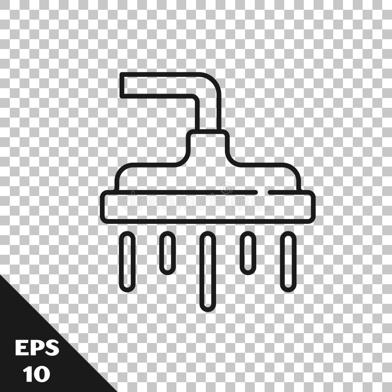 Black Line Shower Head with Water Drops Flowing Icon Isolated on