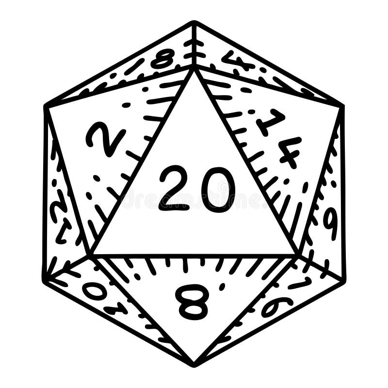 black line tattoo of a d20 dice