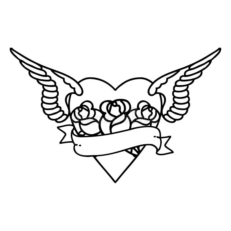 black line tattoo of a heart with wings flowers and banner