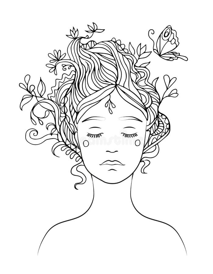 Black line vector drawing of girl`s portrait with ornamental hair and flying butterfly - coloring page