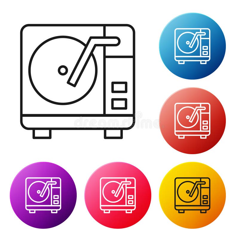 Black line Vinyl player with a vinyl disk icon isolated on white background. Set icons colorful circle buttons. Vector.