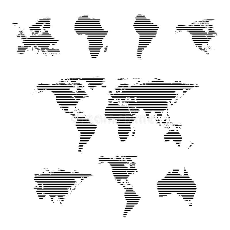 Black Linear Symbols Set, World Maps on White, Vector Illustration