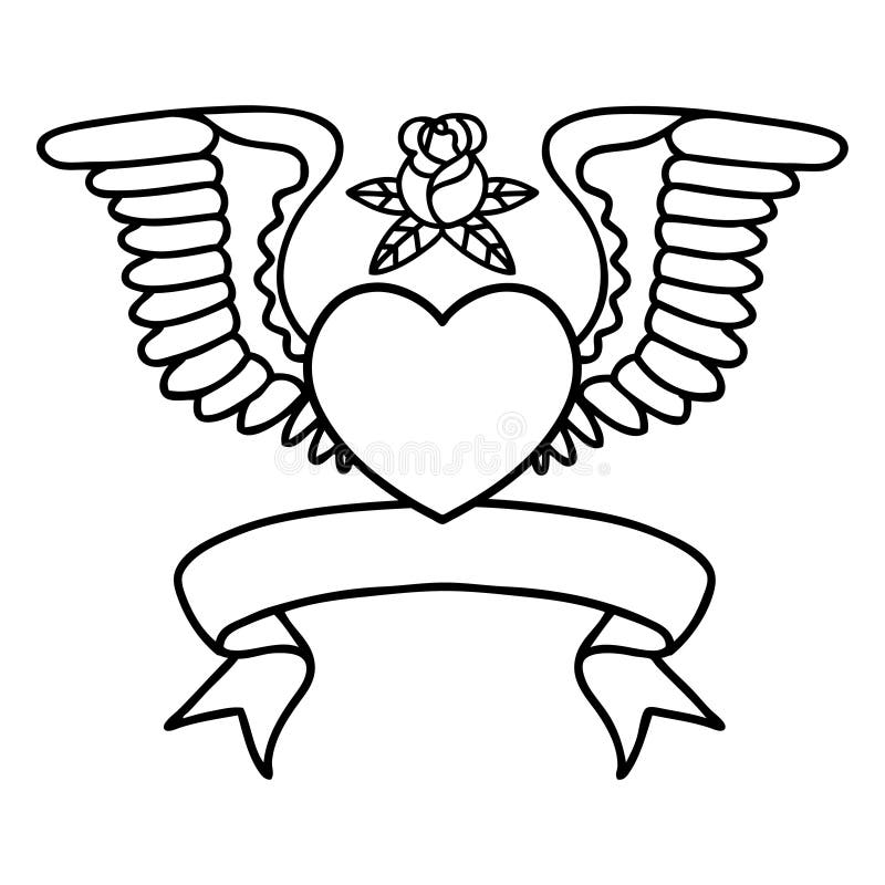 Black Linework Tattoo with Banner of a Heart with Wings Stock Vector ...