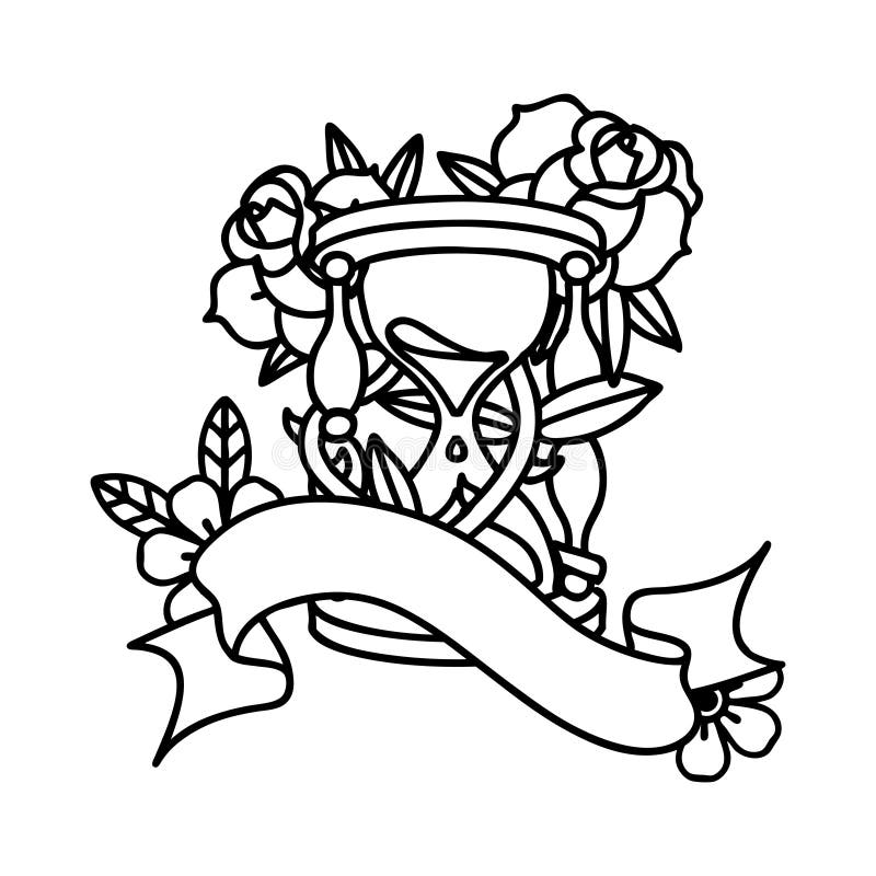 black linework tattoo with banner of an hour glass and flowers