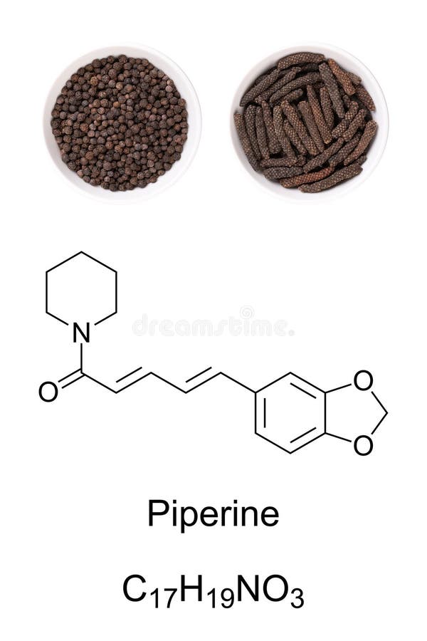 Black and Long Pepper in White Bowls, with Chemical Formula of Piperine