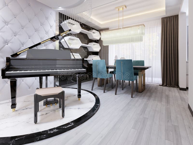 Black luxury piano on a marble podium, in a studio apartment with a leather designer quilted wall. Modern living room with dining