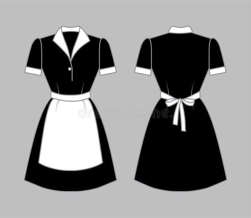 Black Maid Uniform with a White Apron, Collar and Cuffs. Front and Rear View Stock Vector