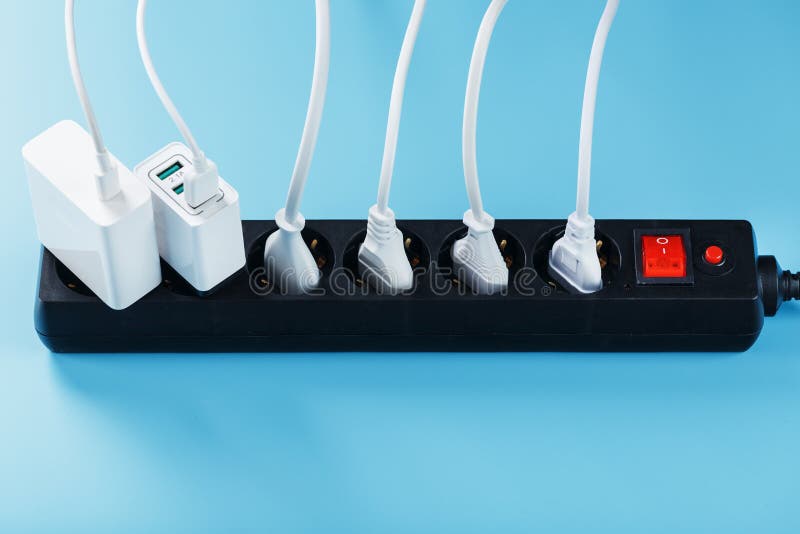 A Black Mains Filter with Electrical Outlets Inserted into it with