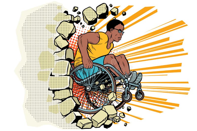Black male athlete in a wheelchair punches the wall vector illustration Black male athlete in a wheelchair punches the wall vector illustration