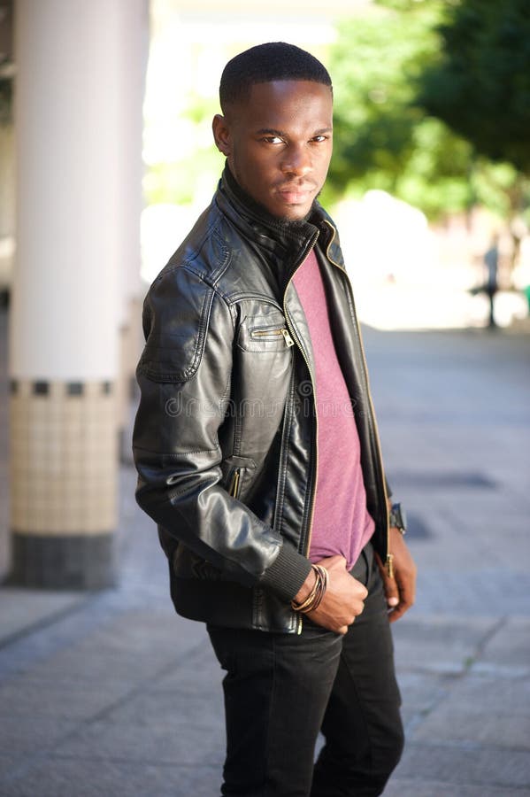 Black Male Fashion Model  Posing In Leather Jacket  Stock 