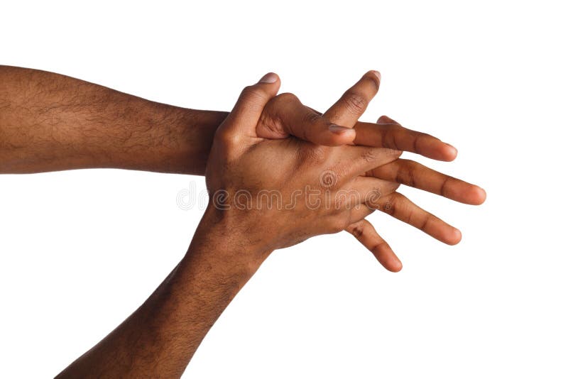 Black male hands showing protection concept, isolated on white background. Black male hands showing protection concept, isolated on white background