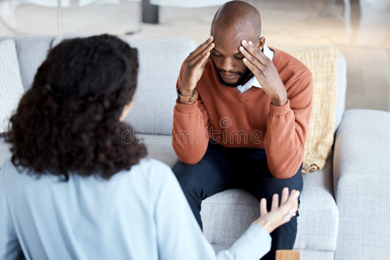 Black Man Mental Health And Counseling With Woman Psychologist Stress Headache And Depression