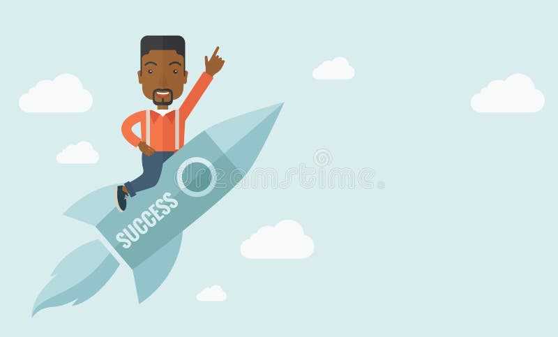 A black man with a beard flying on the rocket raising his hand in the air as his start up. Success concept. A Contemporary style with pastel palette, soft blue tinted background with desaturated clouds. Vector flat design illustration. Horizontal layout with text space in right side. A black man with a beard flying on the rocket raising his hand in the air as his start up. Success concept. A Contemporary style with pastel palette, soft blue tinted background with desaturated clouds. Vector flat design illustration. Horizontal layout with text space in right side.