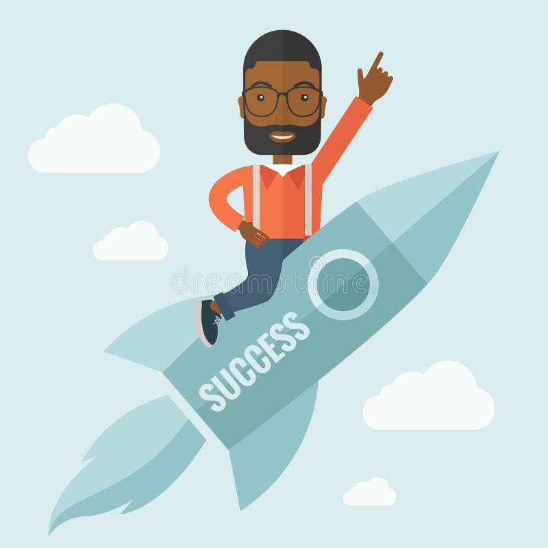 A black man flying on the rocket raising his hand in the air as his start up. Success concept. A Contemporary style with pastel palette, soft blue tinted background with desaturated clouds. Vector flat design illustration. Square layout. A black man flying on the rocket raising his hand in the air as his start up. Success concept. A Contemporary style with pastel palette, soft blue tinted background with desaturated clouds. Vector flat design illustration. Square layout.