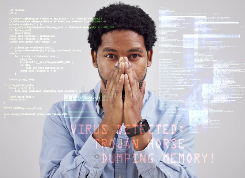 Black man, surprised portrait and computer virus overlay with online scam and hacker malware. Software glitch, error and stock image