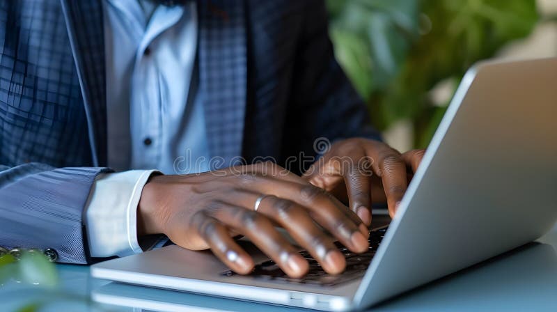 Un negru scrie pe un laptop care poate lucra în domeniul resurselor umane. Un om lucrează la un laptop care este probabil implicat în activități legate de resursele umane.