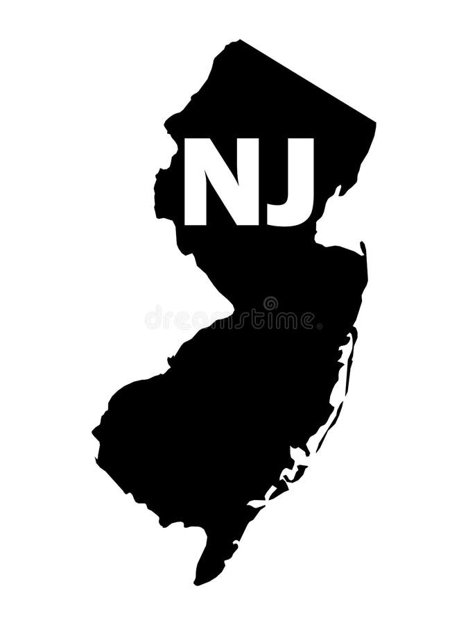 Black Map of New Jersey with Postal Code Abbreviation Stock Vector