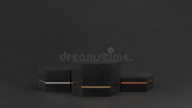 Black marble empty winners podium. First, second and third places pedestal on black background. 3D rendering image. royalty free illustration
