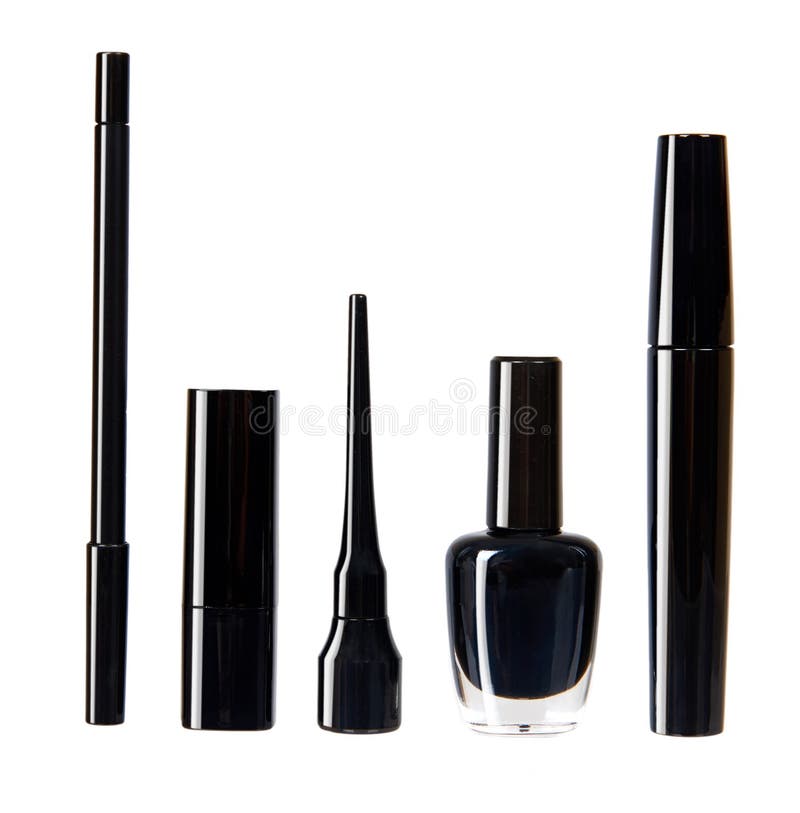 Black mascara, nail polish and lipstick, eye makeup brush