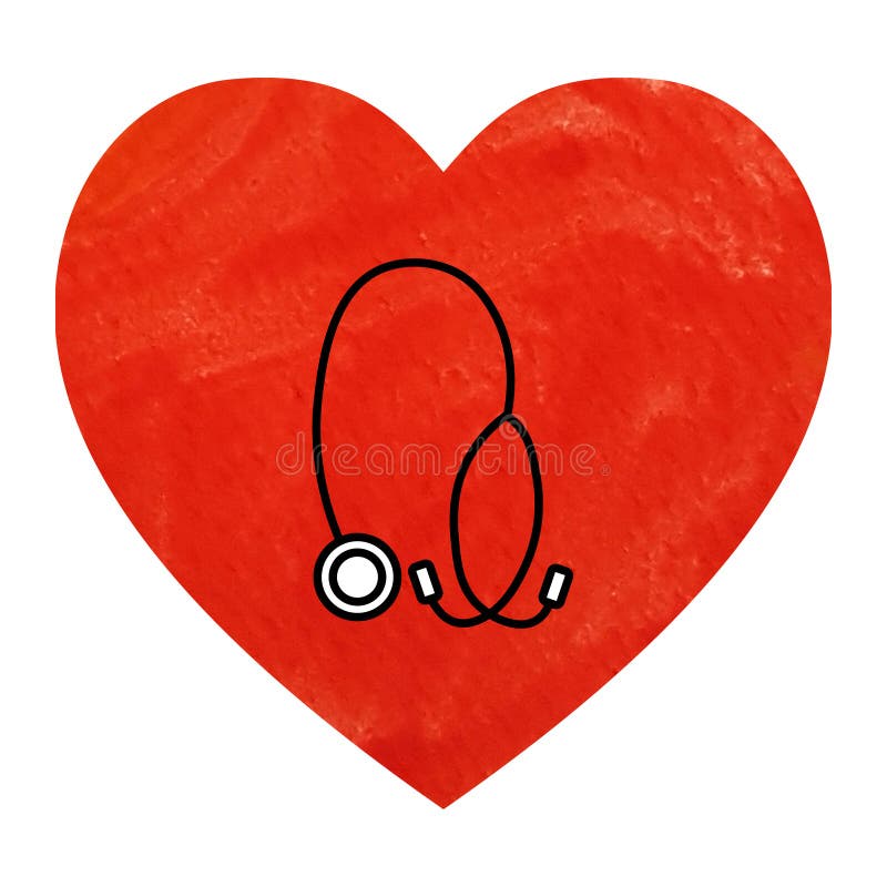 Black medical equipment stethoscope in red watercolor heart on white background. Corona virus illustration can be used in greeting cards, posters, flyers, banners, promotions, invitations etc