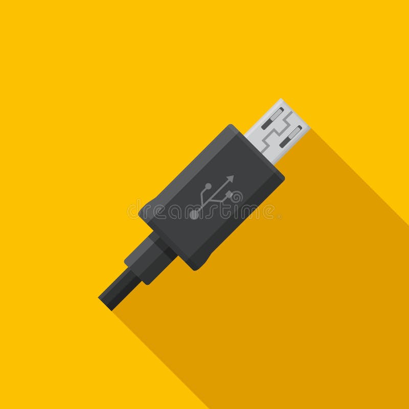 Black micro USB cable cord icon on yellow background. stock illustration