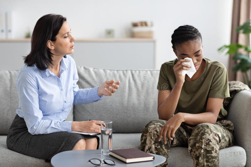 Black Military Woman With Mental Breakdown Crying At Therapy Session With Psychologist