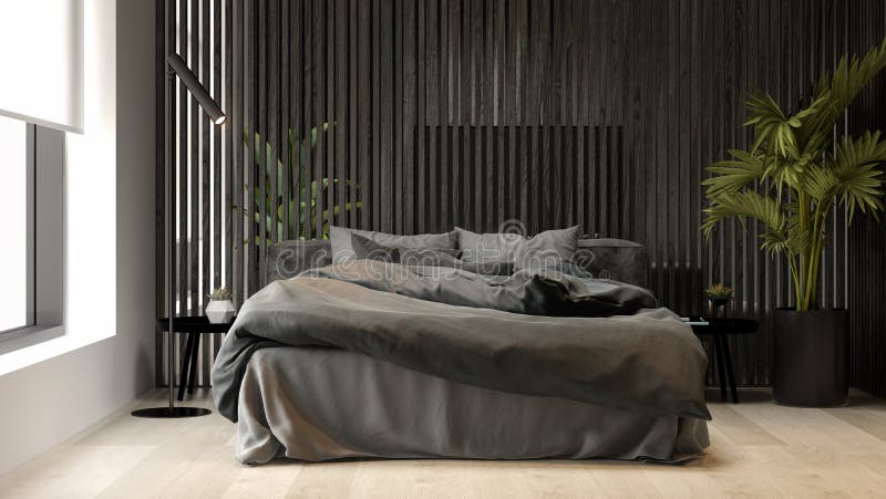 Black Minimalist Interior of Modern Living Room 3D Rendering Stock