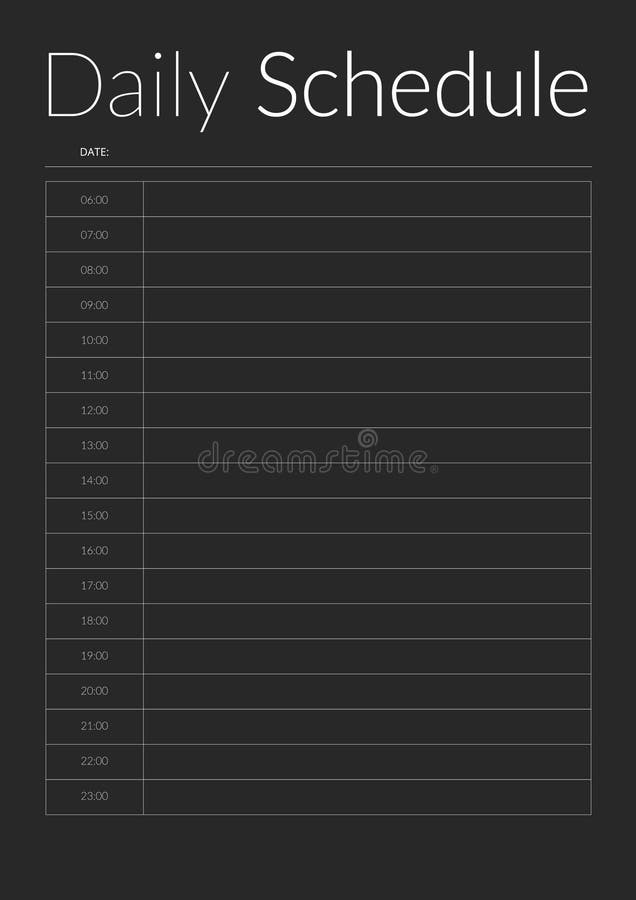 Black Minimalistic daily Schedule Planner Notebook Page. Business