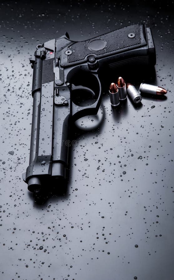 Black Modern Gun on Black Background. 9mm Pistol Gun Stock Photo - Image of  flatlay, army: 228180438